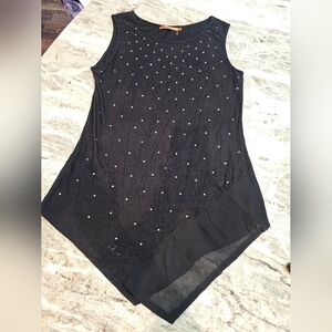 Belldini Black Rhinestone Stud Tunic Tank Top M Asymmetrical Chiffon Hem